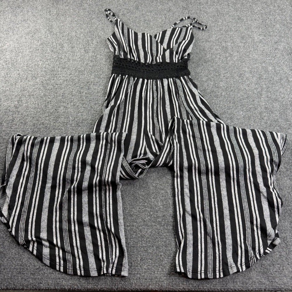 Derek Heart Jumpsuit S Black White Striped Crochet Waist Wide Leg Womens